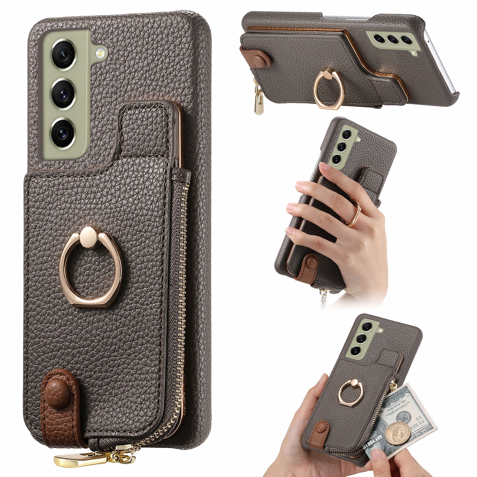 Y3 for Samsung Galaxy S21 FE 5G Drop-proof Case Ring Kickstand Leather Phone Cover with Zipper Pocket Y3 for Samsung Galaxy S21 FE 5G Drop-proof Case Ring Kickstand Leather Phone Cover with Zipper Pocket